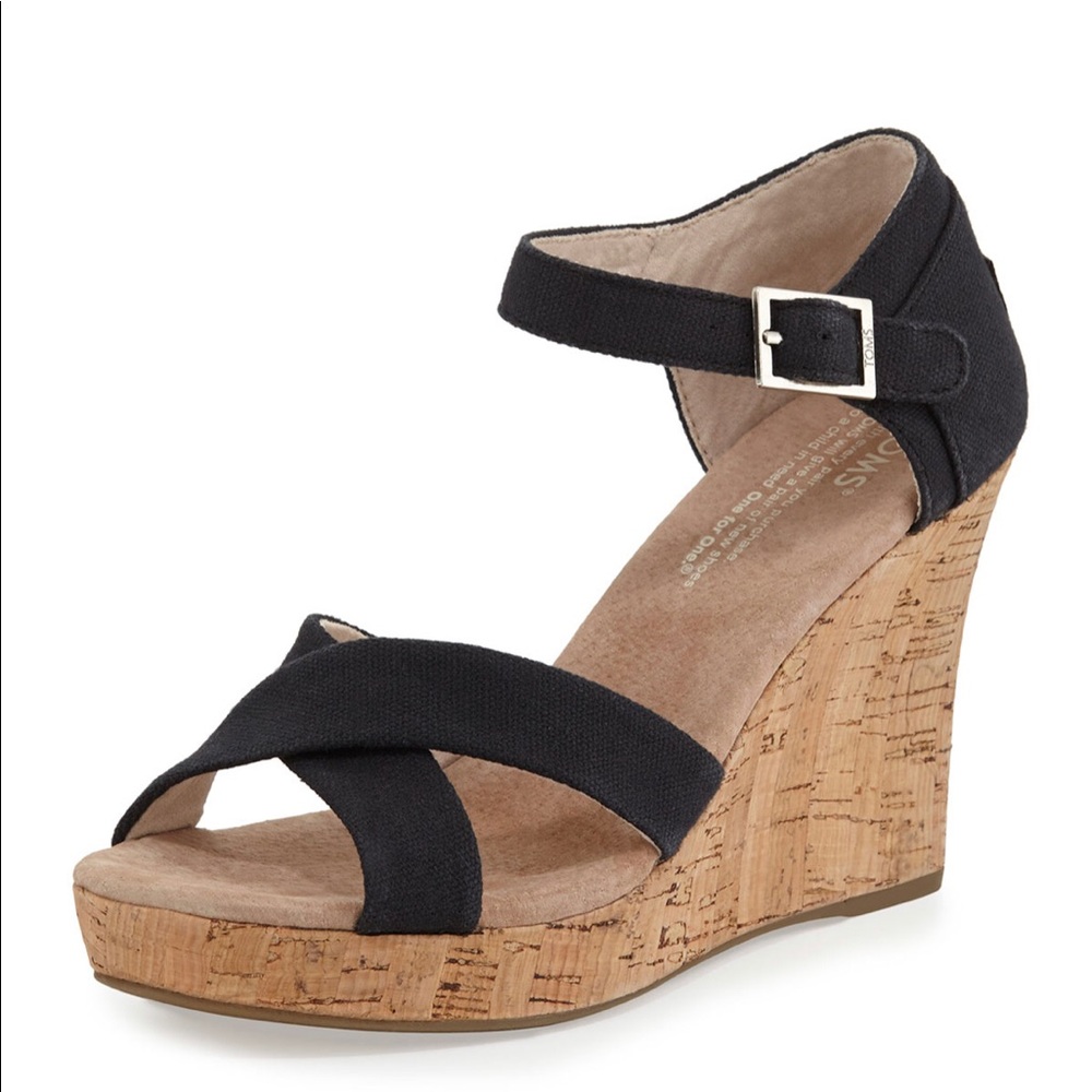 TOMS like new black strappy wedge sandals